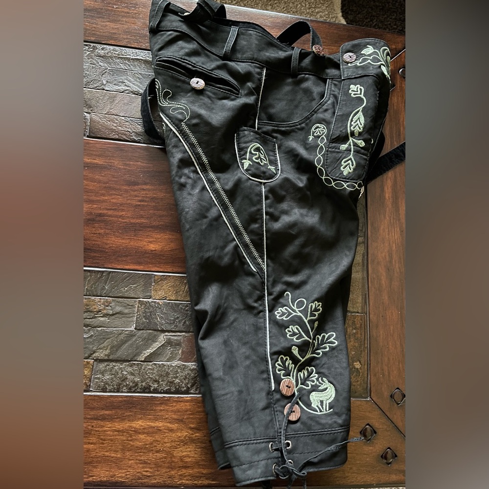 Lammberg Leather Black Embroidered Lederhosen-Style Suspender Pants - Picture 7 of 8